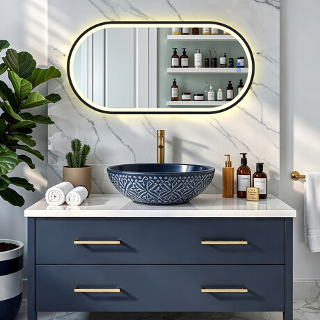 Ovalt LED-belyst spejl i en sort aluminiumsramme #8