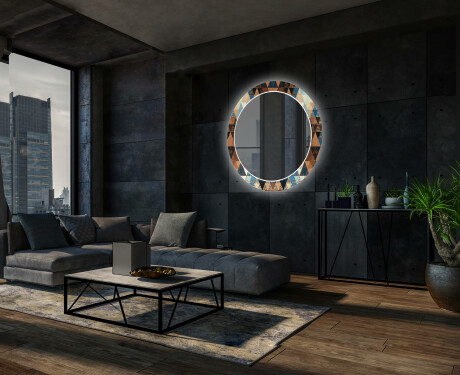 Rundt dekorativt spejl med LED baggrundsbelysning til stuen - color triangles #12