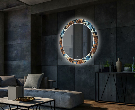 Rundt dekorativt spejl med LED baggrundsbelysning til stuen - color triangles #2