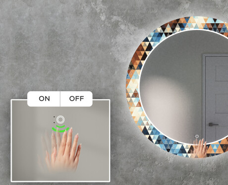 Rundt dekorativt spejl med LED baggrundsbelysning til stuen - color triangles #5