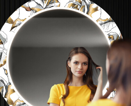 Rundt dekorativt spejl med LED baggrundsbelysning til entreen - golden flowers #12