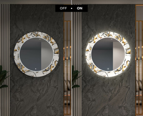 Rundt dekorativt spejl med LED baggrundsbelysning til entreen - golden flowers #7