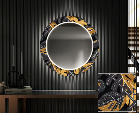 Rundt designer spejl med lys til entre - Autumn jungle #1