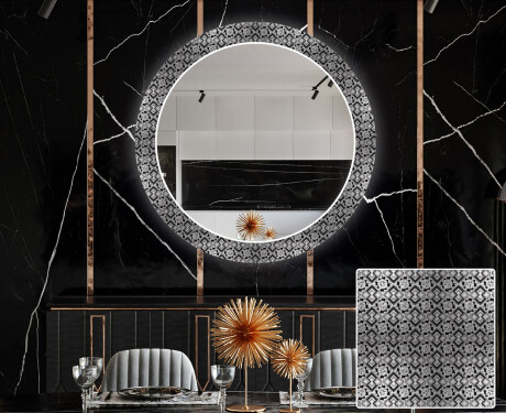Rundt dekorativt spejl med LED baggrundsbelysning til spisestuen - black and white mosaic #1
