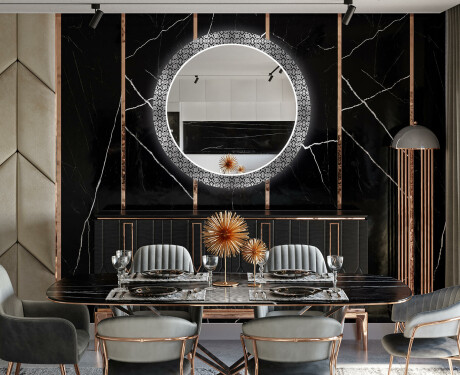 Rundt dekorativt spejl med LED baggrundsbelysning til spisestuen - black and white mosaic #12