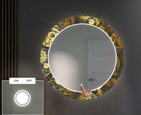 Rundt designer spejl med lys til entre - Ancient pattern #4