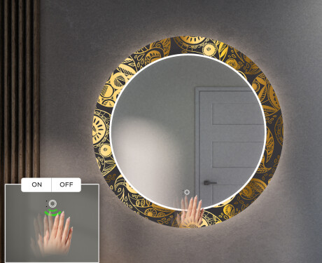 Rundt designer spejl med lys til entre - Ancient pattern #5