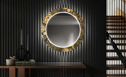 Rundt designer spejl med lys til entre - Ancient pattern