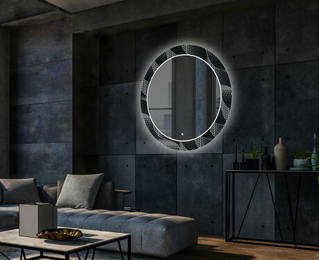 Rundt dekorativt spejl med LED baggrundsbelysning til stuen - dark wave #2