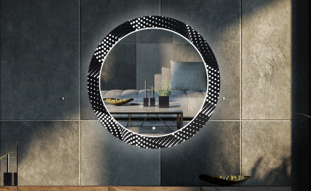 Rundt dekorativt spejl med LED baggrundsbelysning til stuen - dark wave