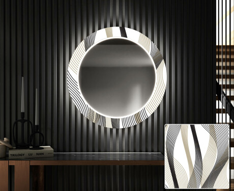 Rundt dekorativt spejl med LED baggrundsbelysning til entreen - waves #1