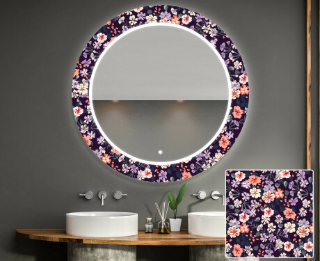 Rundt dekorativt spejl med LED baggrundsbelysning til badeværelset - elegant flowers #1