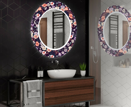 Rundt dekorativt spejl med LED baggrundsbelysning til badeværelset - elegant flowers #2
