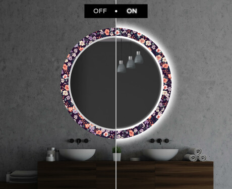 Rundt dekorativt spejl med LED baggrundsbelysning til badeværelset - elegant flowers #7
