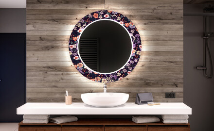 Dekorations spejl rundt badeværelse med LED - Elegant flowers