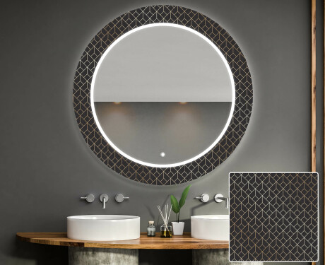 Rundt designer spejl med lys til badeværelse - Golden lines #1