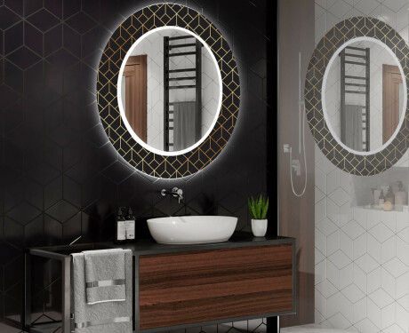 Rundt designer spejl med lys til badeværelse - Golden lines #2