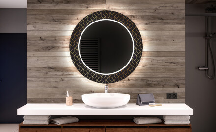 Rundt designer spejl med lys til badeværelse - Golden lines