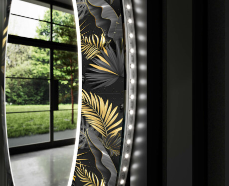 Rundt designer spejl med lys til badeværelse - Goldy palm #11