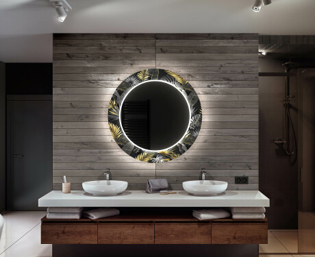 Rundt designer spejl med lys til badeværelse - Goldy palm #12