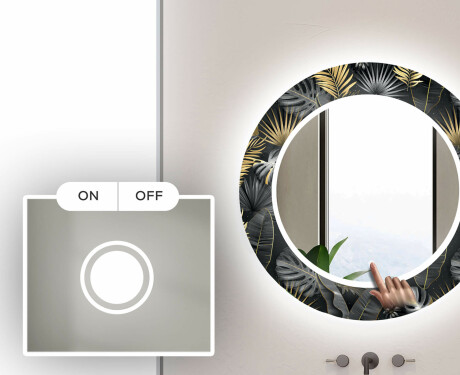 Rundt dekorativt spejl med LED baggrundsbelysning til badeværelset - goldy palm #4