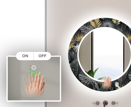 Rundt designer spejl med lys til badeværelse - Goldy palm #5