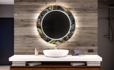 Rundt designer spejl med lys til badeværelse - Goldy palm