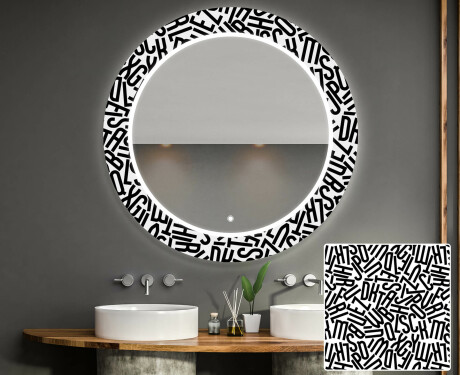 Rundt designer spejl med lys til badeværelse - Letters