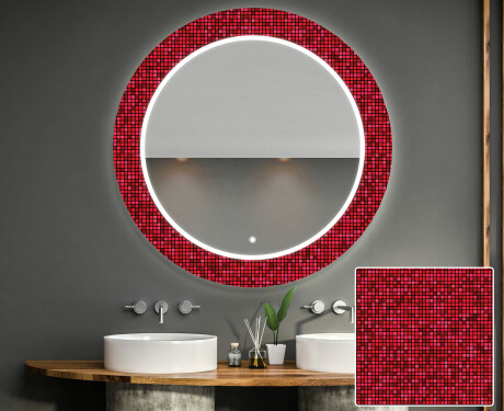 Dekorations spejl rundt badeværelse med LED - Red mosaic #1