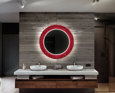 Dekorations spejl rundt badeværelse med LED - Red mosaic #12