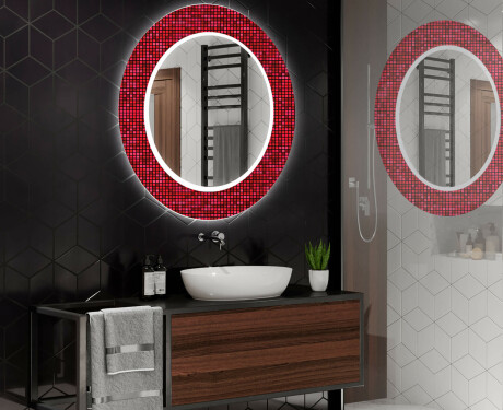 Rundt dekorativt spejl med LED baggrundsbelysning til badeværelset - red mosaic #2