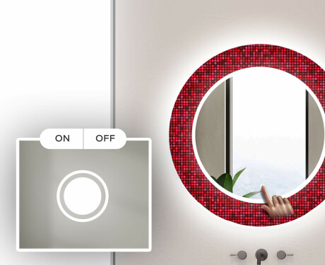 Dekorations spejl rundt badeværelse med LED - Red mosaic #4
