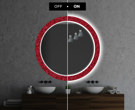 Dekorations spejl rundt badeværelse med LED - Red mosaic #7
