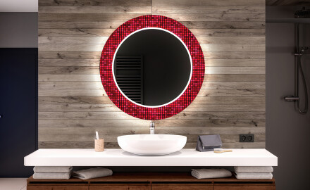 Dekorations spejl rundt badeværelse med LED - Red mosaic