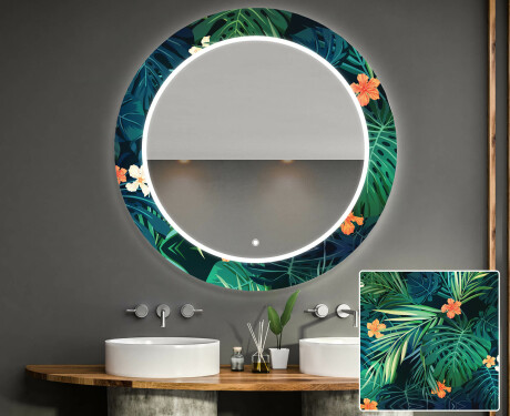 Rundt designer spejl med lys til badeværelse - Tropical #1