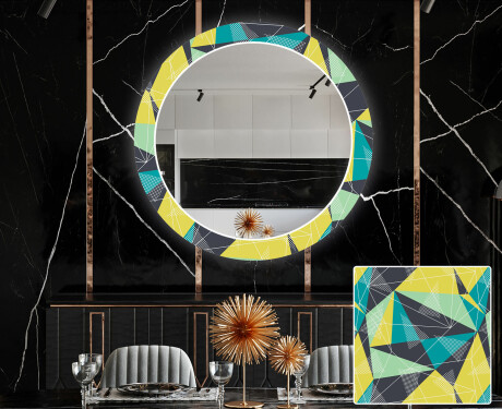 Rundt dekorativt spejl med LED baggrundsbelysning til spisestuen - abstract geometric #1