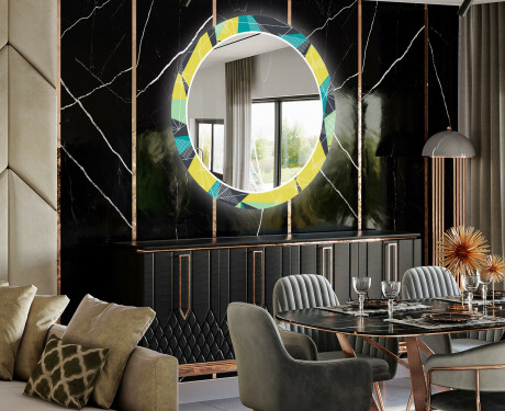 Rundt dekorativt spejl med LED baggrundsbelysning til spisestuen - abstract geometric #2