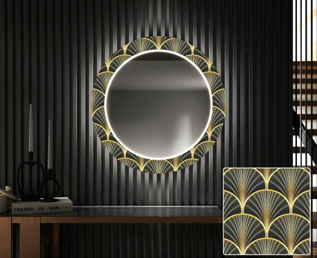 Rundt designer spejl med lys til entre - Art deco