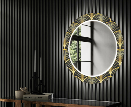 Rundt designer spejl med lys til entre - Art deco #2