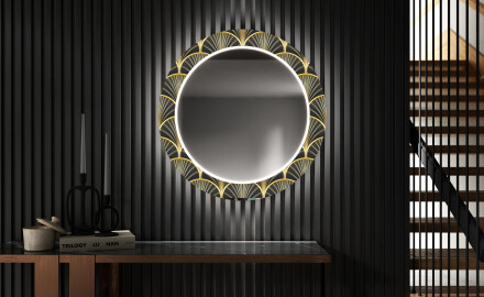Rundt designer spejl med lys til entre - Art deco