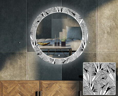 Rundt dekorativt spejl med LED baggrundsbelysning til stuen - black and white jungle #1