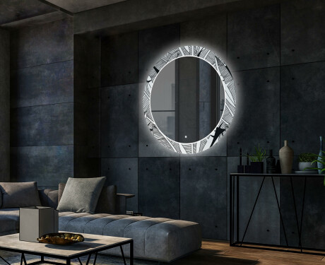 Rundt dekorativt spejl med LED baggrundsbelysning til stuen - black and white jungle #2