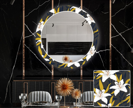 Rundt dekorativt spejl med LED baggrundsbelysning til spisestuen - bells flowers #1