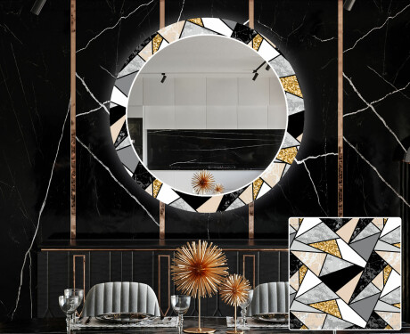 Dekorations spejl rundt spisebord med LED - Marble pattern #1