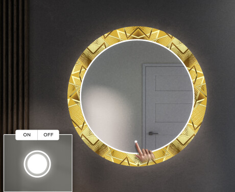 Rundt dekorativt spejl med LED baggrundsbelysning til entreen - gold triangles #4