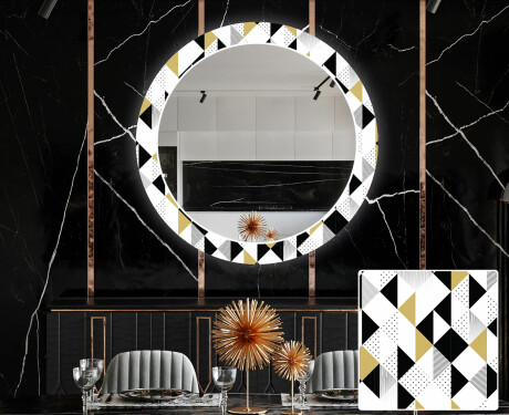 Dekorations spejl rundt spisebord med LED - Geometric patterns #1