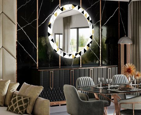 Dekorations spejl rundt spisebord med LED - Geometric patterns #2