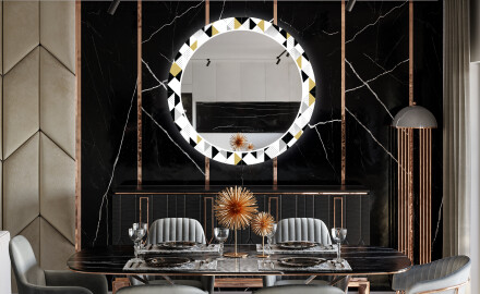 Rundt dekorativt spejl med LED baggrundsbelysning til spisestuen - geometric patterns