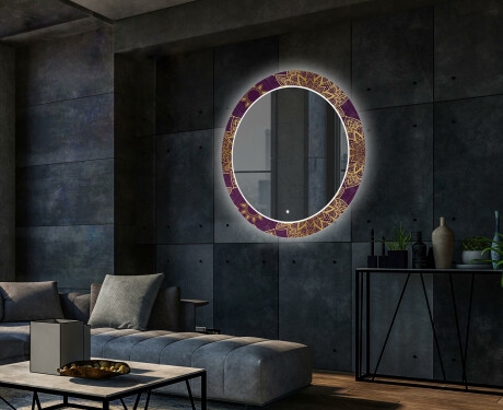 Rundt dekorativt spejl med LED baggrundsbelysning til stuen - gold mandala #2