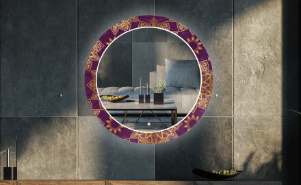 Rundt dekorativt spejl med LED baggrundsbelysning til stuen - gold mandala